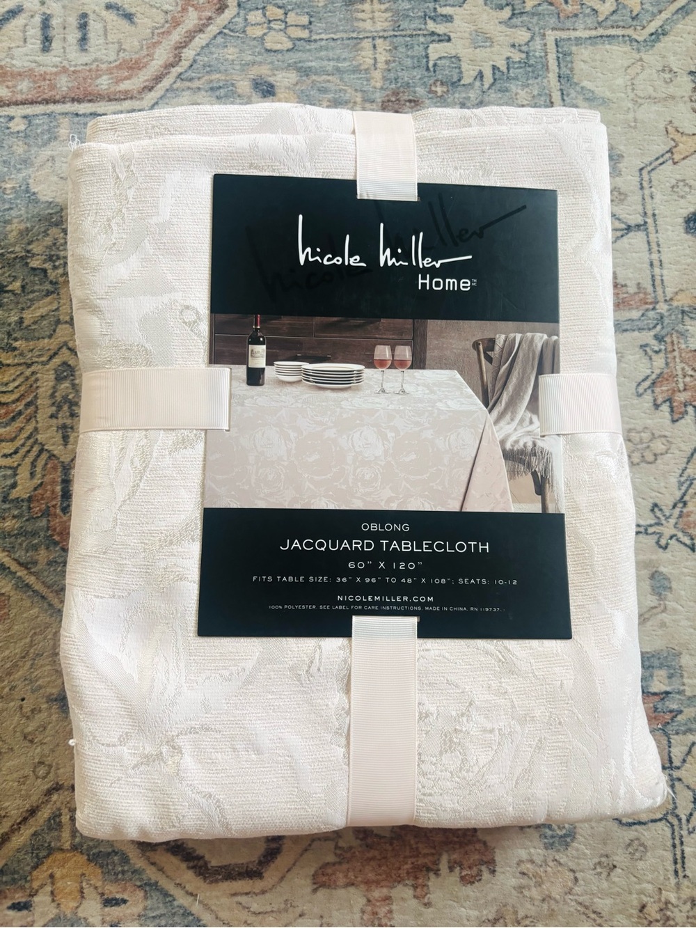 Nicole Miller Home Cream Jacquard Oblong Tablecloth